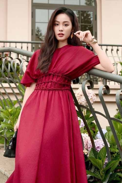 Sixdo Dark Red Organza Flared Dress